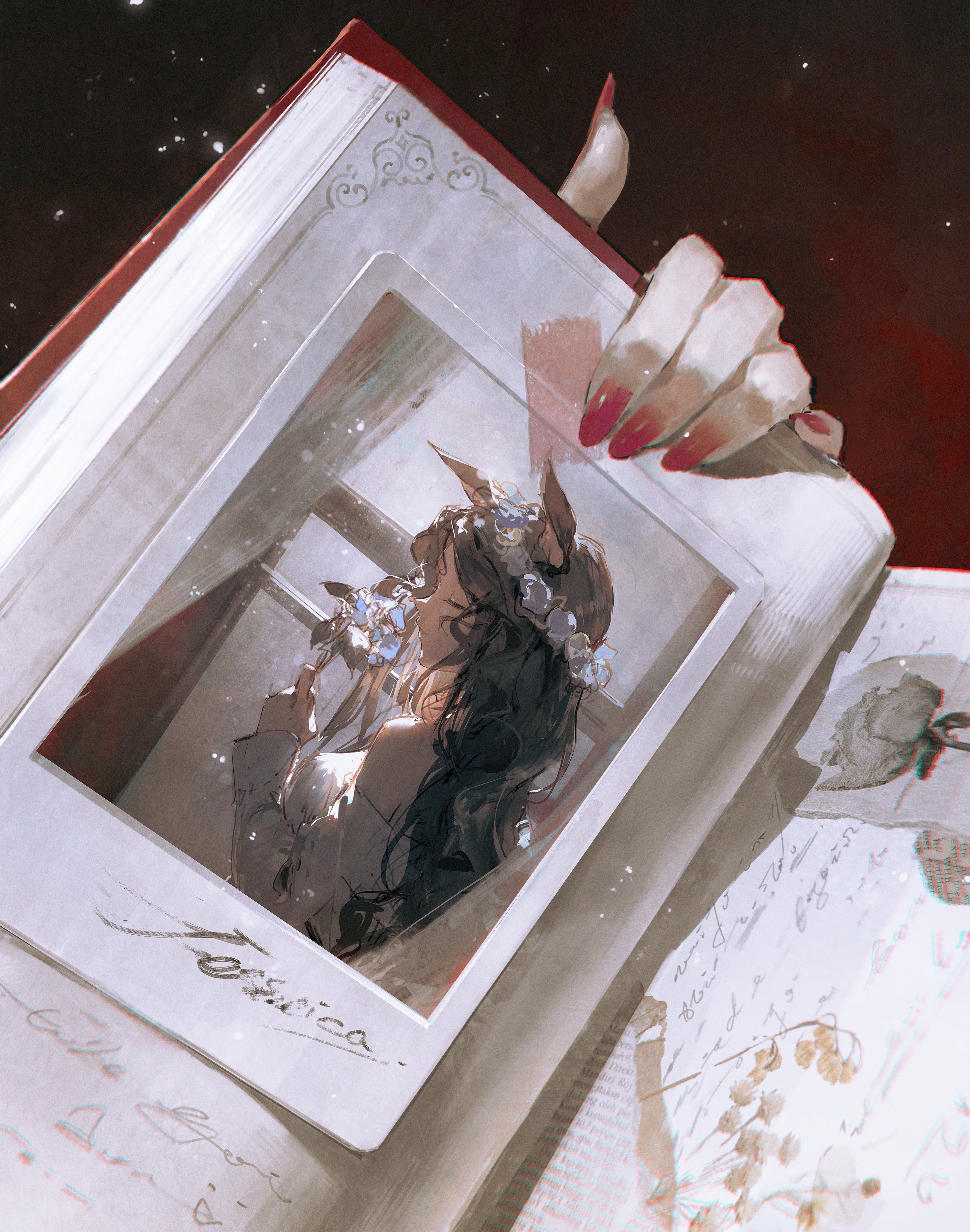an open book with a red spine shows a polaroid picture of a girl with dark long hair with white flowers in her hair. the girl is holding a bouquet of small white flowers. the hand of a person with red nail polish is holding the open book on the right side. there are handwritten messages on the pages of the book, and the background is of a textured red and white.