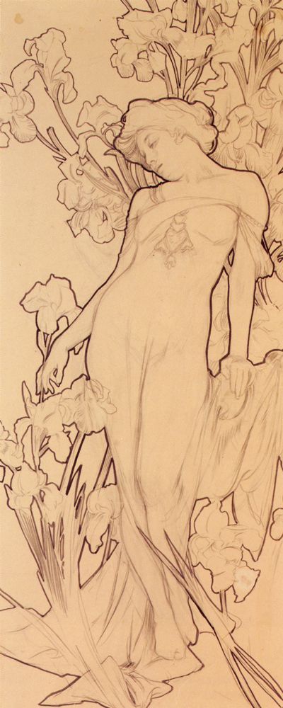 the image is a sketch or drawing in the art nouveau style of a woman surrounded by iris flowers. it resembles the work of alphonse mucha. the woman is depicted as an allegorical figure, possibly representing an element or a virtue, posed amidst a stylized floral arrangement. the composition is typical of art nouveau, with flowing lines and a focus on decorative elements.