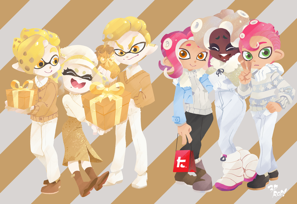 this digital illustration features five characters from the popular video game splatoon. the characters are dressed in festive attire for the winter holidays. they are holding gifts and shopping bags. the background is a striped pattern of gold and white. the artwork is in a cute and colorful anime style.