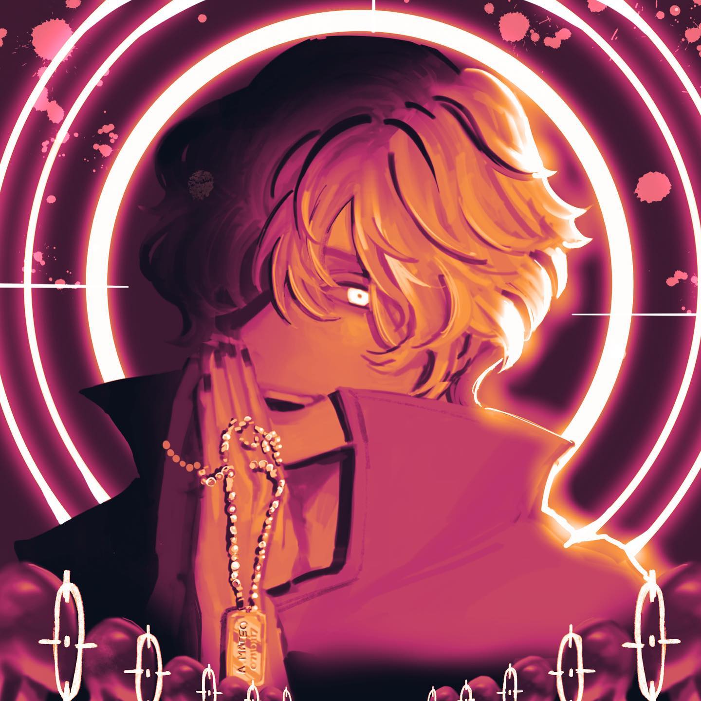 a mysterious anime character with blonde hair and red eyes stands in the center of a glowing, circular target. he is wearing a black jacket and has a necklace with a badge around his neck.  the image has a dark, ominous, and mysterious feel.