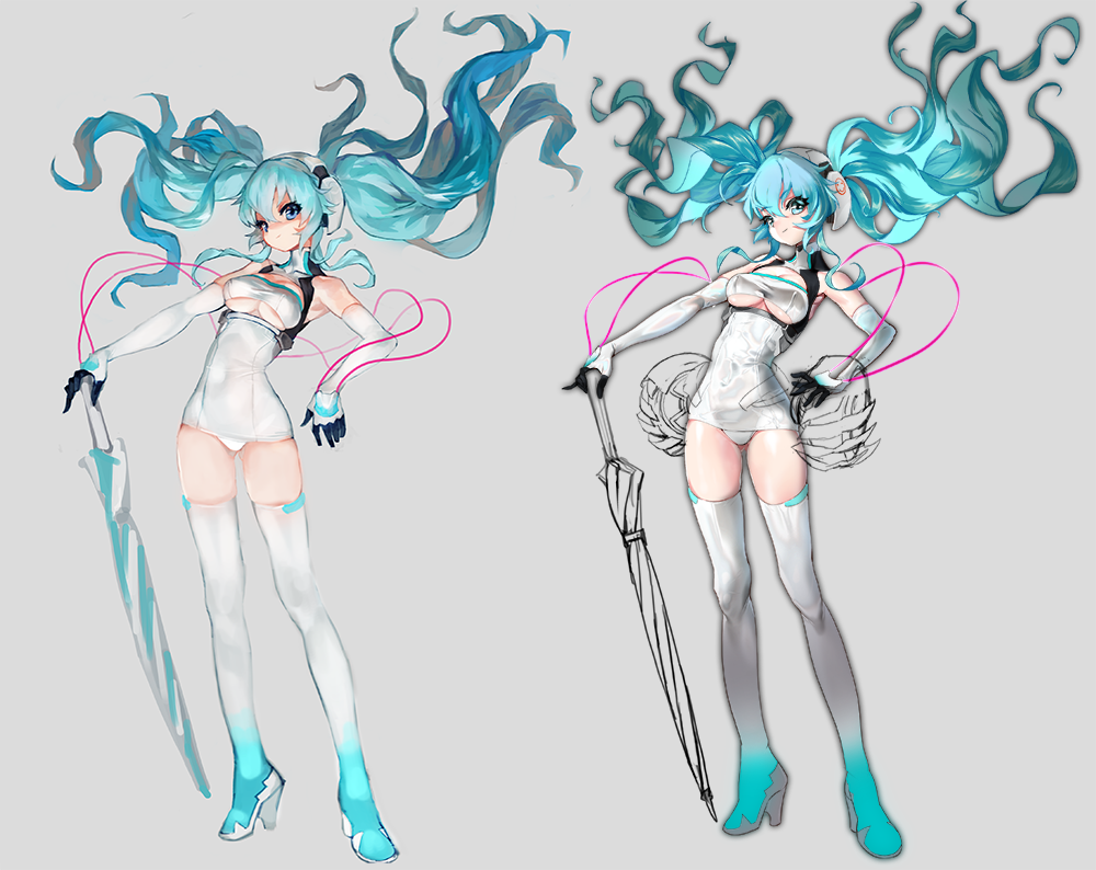 this is a drawing of an anime girl character with blue hair. she is holding a sword in her right hand and is wearing a white outfit. the sketch is drawn in black and white with some color added to the hair and outfit. the character is posed in a dynamic stance, with her legs spread and her arms extended. the drawing is done in a stylized anime style.