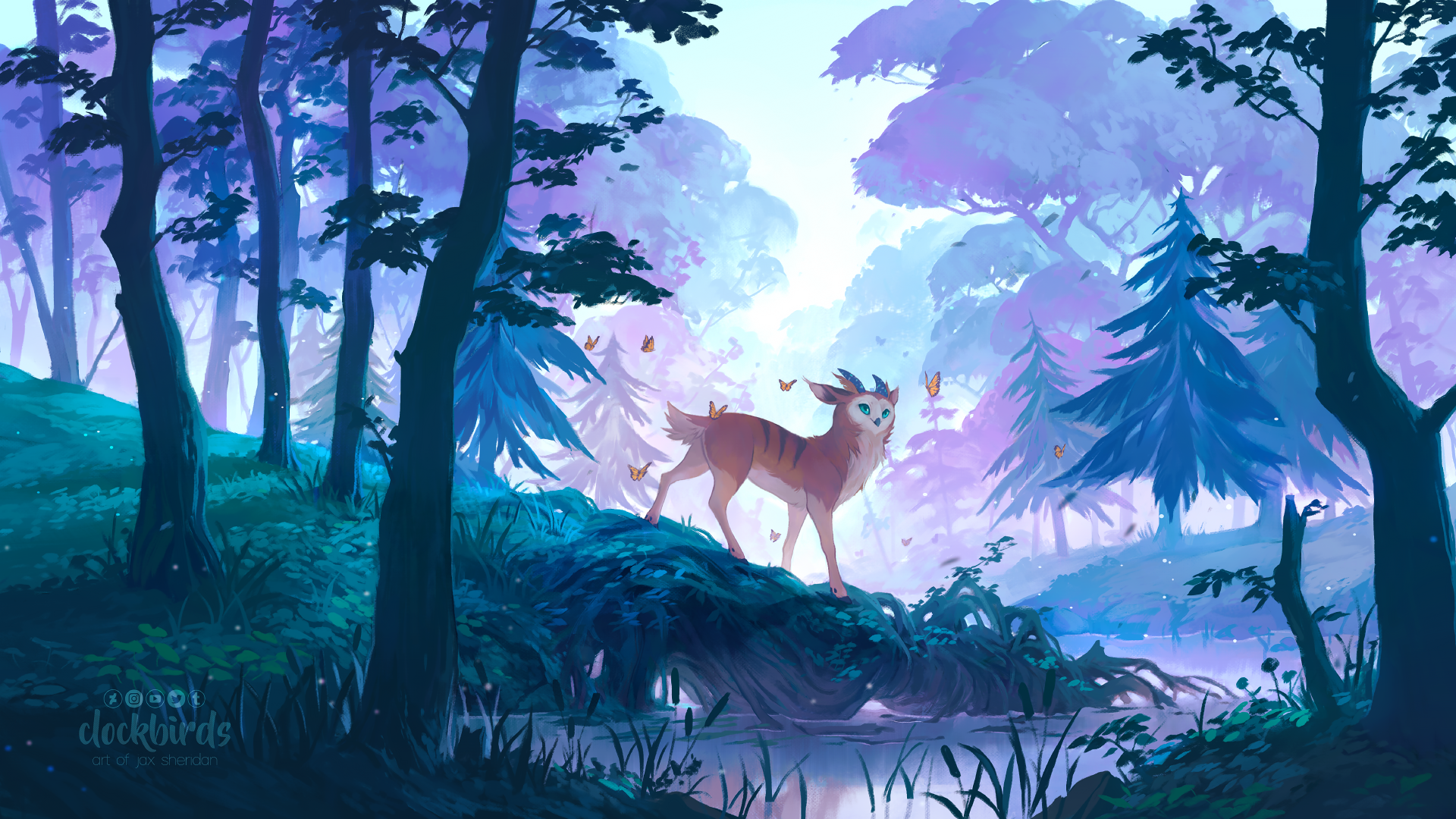 this image depicts a small, fawnlike creature with small antlers standing on a mossy bank in a forest. the scene is bathed in soft, ethereal light, filtered through the trees, giving the impression of early morning or twilight. the forest floor is lush and green, with a stream flowing gently through it. butterflies flutter in the air, adding to the magical atmosphere. the overall palette is cool and calming, with blues, greens, and purples dominating.