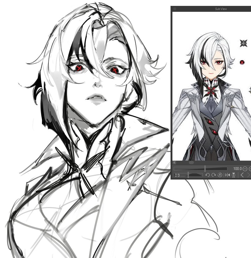 this is a black and white sketch of an anime character with white hair and red eyes. the character is wearing a suit with a white shirt and a black tie. they are looking straight ahead. on the right side is a reference image, also black and white, of the anime character. this is a sketch of the character.
