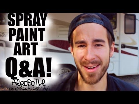 a video thumbnail for spray paint art q&a. a man with a beard and baseball cap smiles at the camera. the text "spray paint art q&a!" is visible in the left of the image along with "aerosole custom spray paint art" . an rv can be seen in the background.