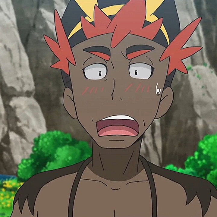 a closeup of an anime male character's face. he is shocked and has his mouth open in a surprised expression. his eyes are wide, and he has red hair with black skin. he is wearing a yellow and red headband.