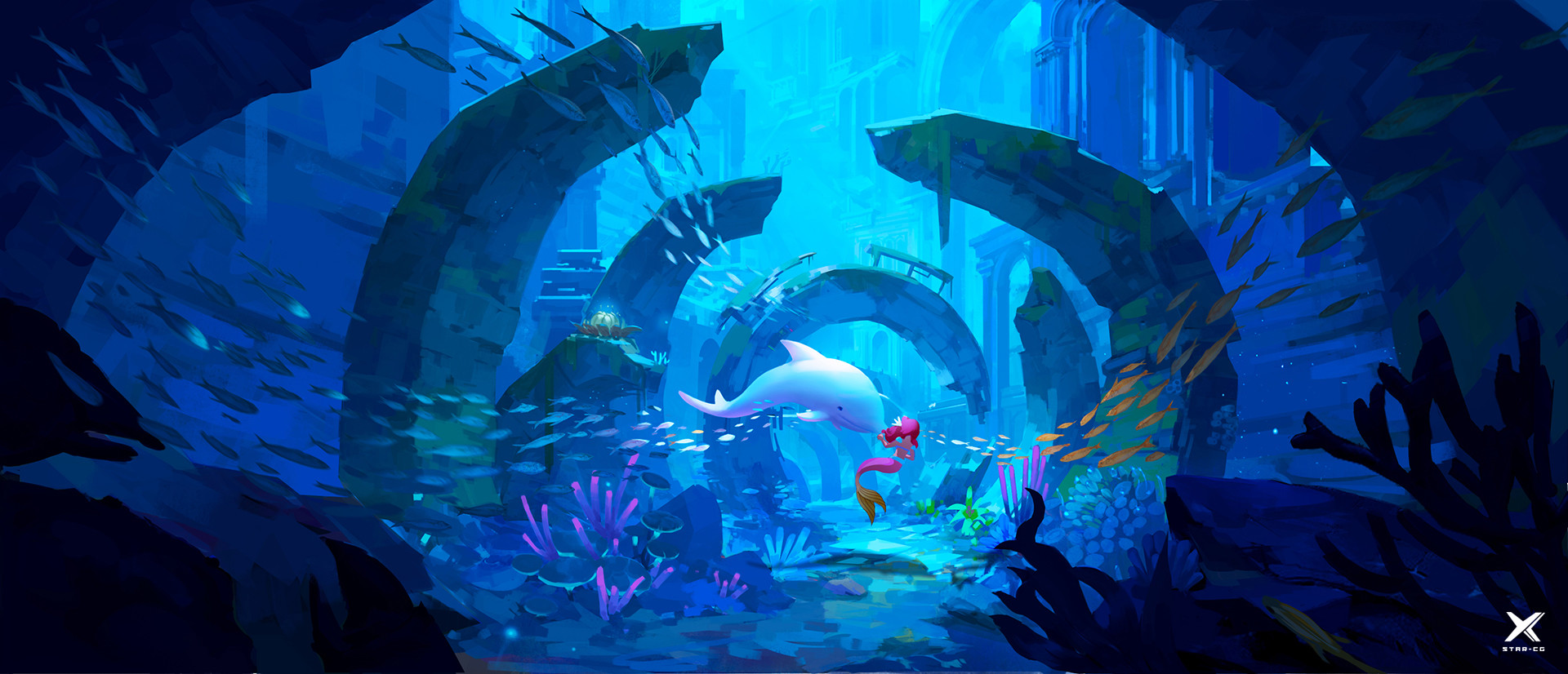 the image is a vibrant digital painting depicting an underwater scene.  a pink dolphin and a mermaid are swimming together in the foreground, amid colorful coral and schools of fish. the background features the ruins of an ancient underwater city, with large, arched stone structures suggesting a lost civilization. the overall style is fantastical and whimsical, with a focus on bright blues and purples. the lighting is soft and ethereal, contributing to a sense of peace and wonder.  the art style is stylized, with simplified shapes and bold colors.