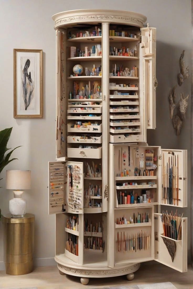 the image shows a large, round, lightcolored wooden cabinet fully opened to reveal a vast collection of art supplies. the cabinet is segmented into multiple sections with shelves, drawers, and compartments filled with paints, brushes, and other crafting materials. the arrangement is highly organized and detailed. the cabinet appears to be a rotating or swiveltype design. in the background, there's a lamp on a side table, a framed piece of art on the wall, and a decorative sculptural piece on the wall. the scene looks like an artist's studio or a dedicated crafting space within a home.