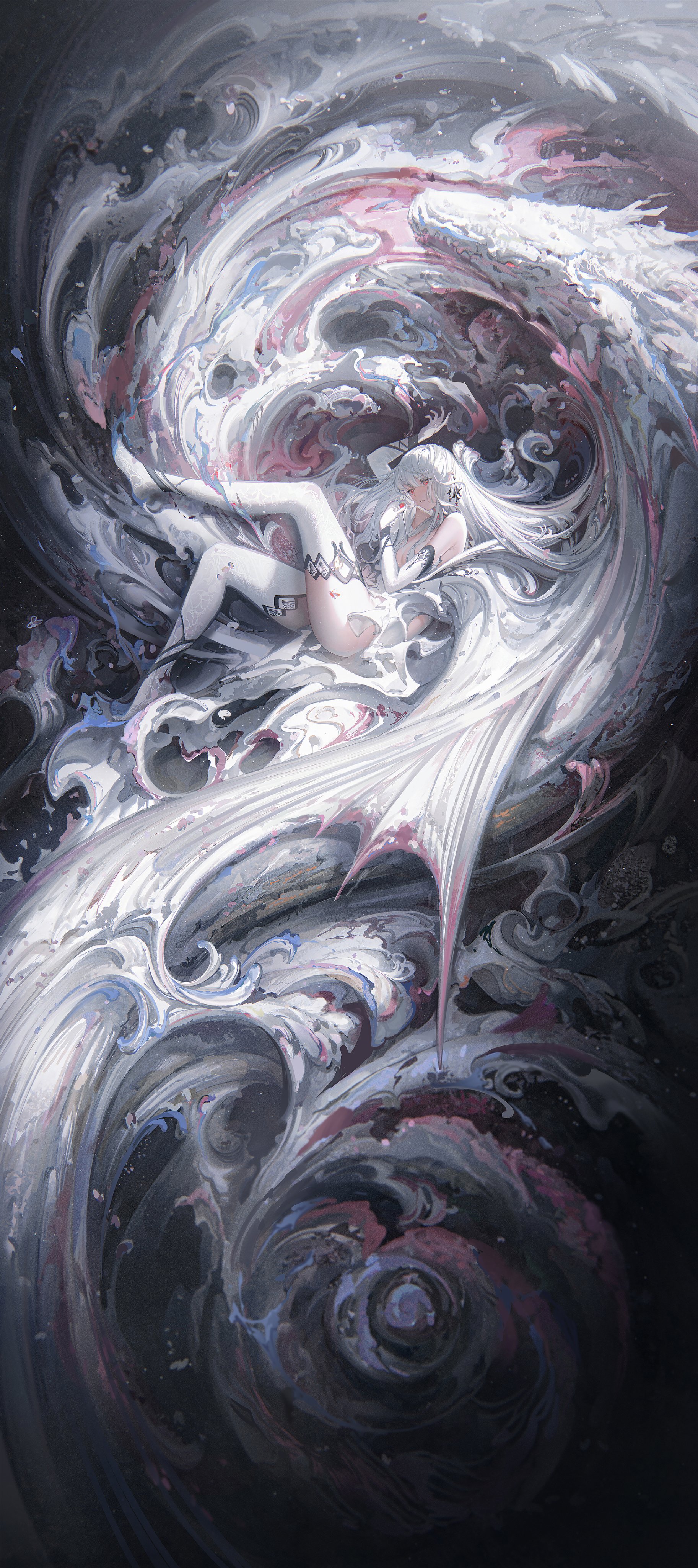 the image is a digital painting or illustration depicting a young woman with long white hair seemingly intertwined or merged with a large, white dragon.  the dragon's form is abstract and fluid, resembling swirling paint or smoke, with intricate, almost baroquelike patterns and textures. the colors are predominantly pastel shades of white, grey, pink, and blue, creating a soft yet intense visual effect.  the overall composition is dreamlike and surreal, with a sense of movement and energy within the swirling forms of both the woman and the dragon. the dark background accentuates the bright, ethereal quality of the subject matter.