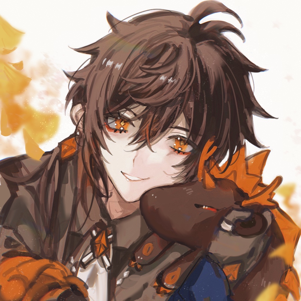 this is a digital art illustration of a cute anime boy with brown hair and orange eyes smiling and holding a cute orange plush toy. he is wearing a brown and black jacket with an orange scarf. the background is a blur of yellow and orange colors.