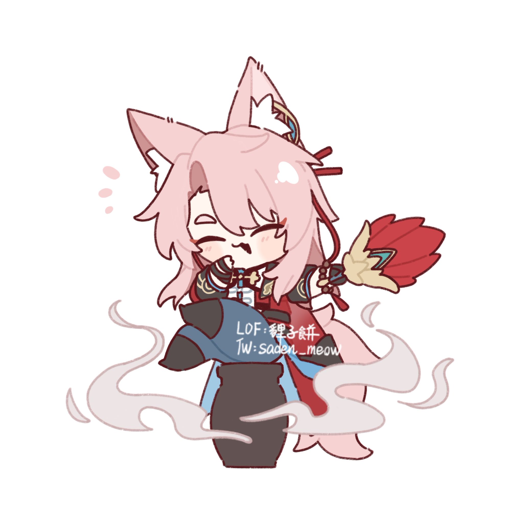 the image is a piece of adorable chibi fanart depicting ganyu from genshin impact. she's drawn in a cute, simplified style with exaggerated features.  ganyu is shown with her signature pink hair and fox ears, wearing a traditional chineseinspired outfit.  she is crouched over a pot, seemingly brewing a potion, with wisps of steam or smoke rising around her. the overall style is soft and light in color palette, with a focus on cuteness and charm.  the artist's signature or watermark is faintly visible.
