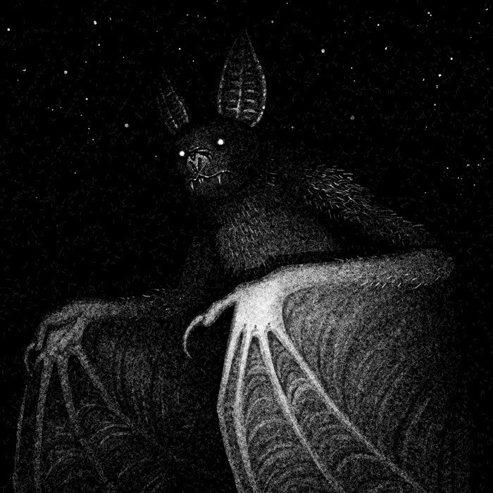 he image is a black and white illustration of a large batlike creature. it is depicted in a dark, possibly nighttime setting with a starry sky visible in the background. the bat has large ears, sharp teeth, and long, clawed wings. the style of the illustration is grainy and textured, giving it a gothic or horror feel. the overall mood is mysterious and ominous. the creature appears menacing and powerful, sitting against a backdrop of night sky. the details of its fur and wings are meticulously rendered.