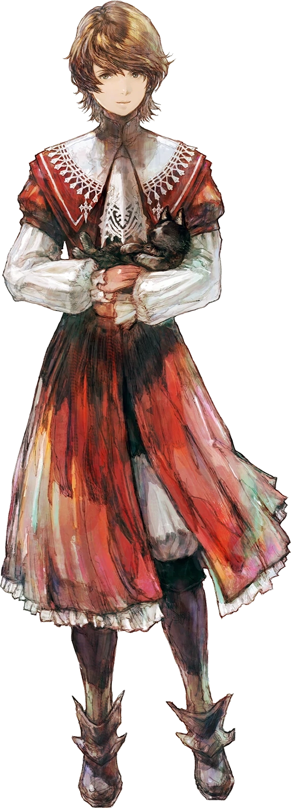 full body image of a character painted with a watercolor effect, with a red and white dress, black boots, and ruffled collar, cradling a black cat.