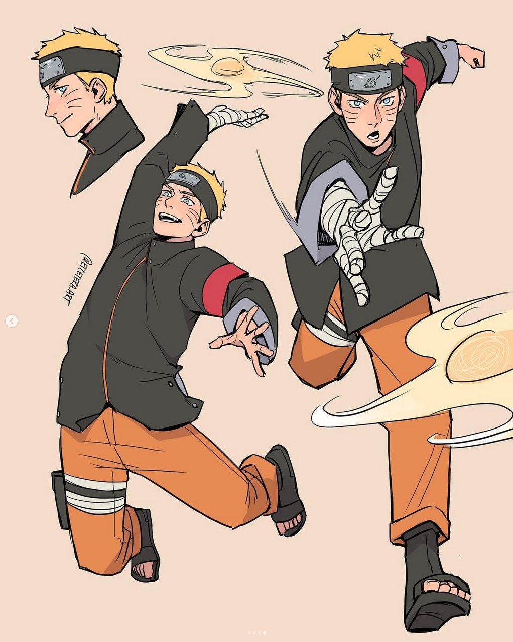the image showcases three dynamic poses of a young naruto uzumaki from the anime series naruto. he is depicted in his signature orange and black jumpsuit with his headband on, and is shown performing his iconic rasengan technique.  the illustrations highlight his energetic and determined personality. the background is a plain offwhite, keeping the focus on naruto and his movements.