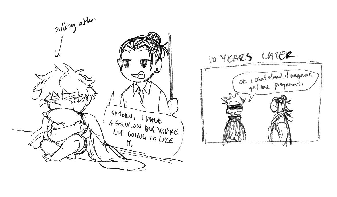 he image is a handdrawn comic strip depicting a humorous story about a couple's journey to parenthood. the first panel shows a young boy sulking after a conversation with a taller person who appears to be lecturing him. the second panel shows a scene 10 years later, where the now grownup boy is asking his partner to get pregnant with him. the art style is sketchy and expressive, typical of webcomics or fan art.