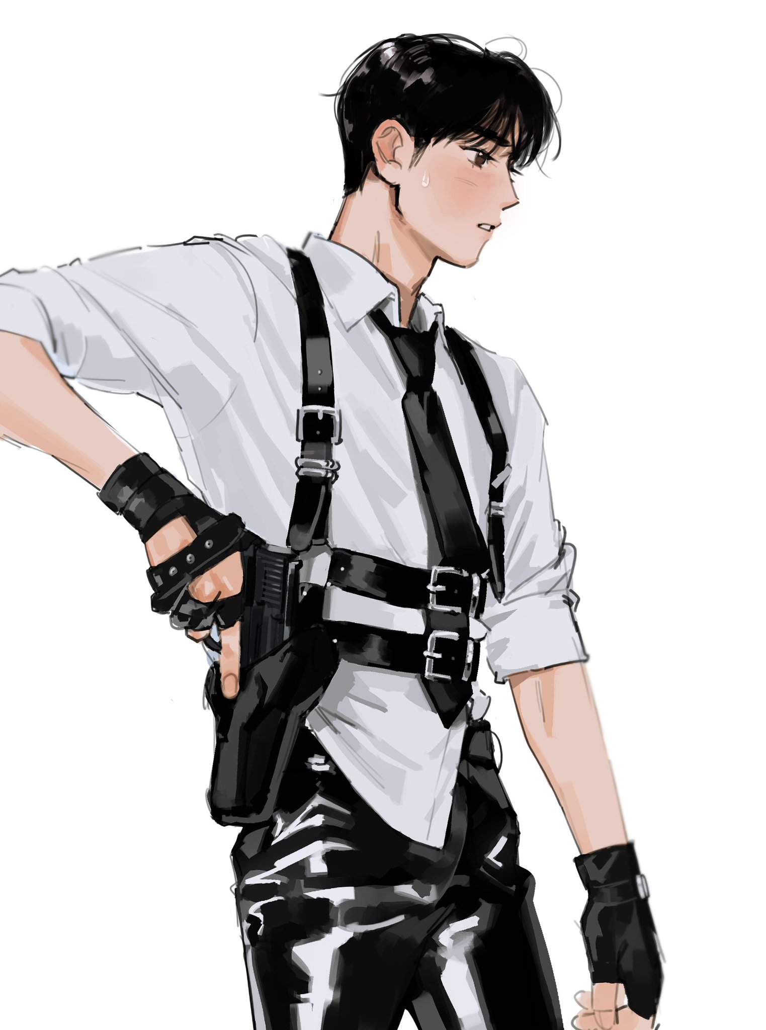 a digital illustration featuring a young man dressed in a white shirt, black tie, and black leather pants with a utility belt. he is wearing fingerless gloves and has a gun holstered on his right side. the illustration depicts him from the side, with his hand hovering near the gun.  the style suggests an anime or manga influence, and the neutral color palette emphasizes the character's attire and posture.