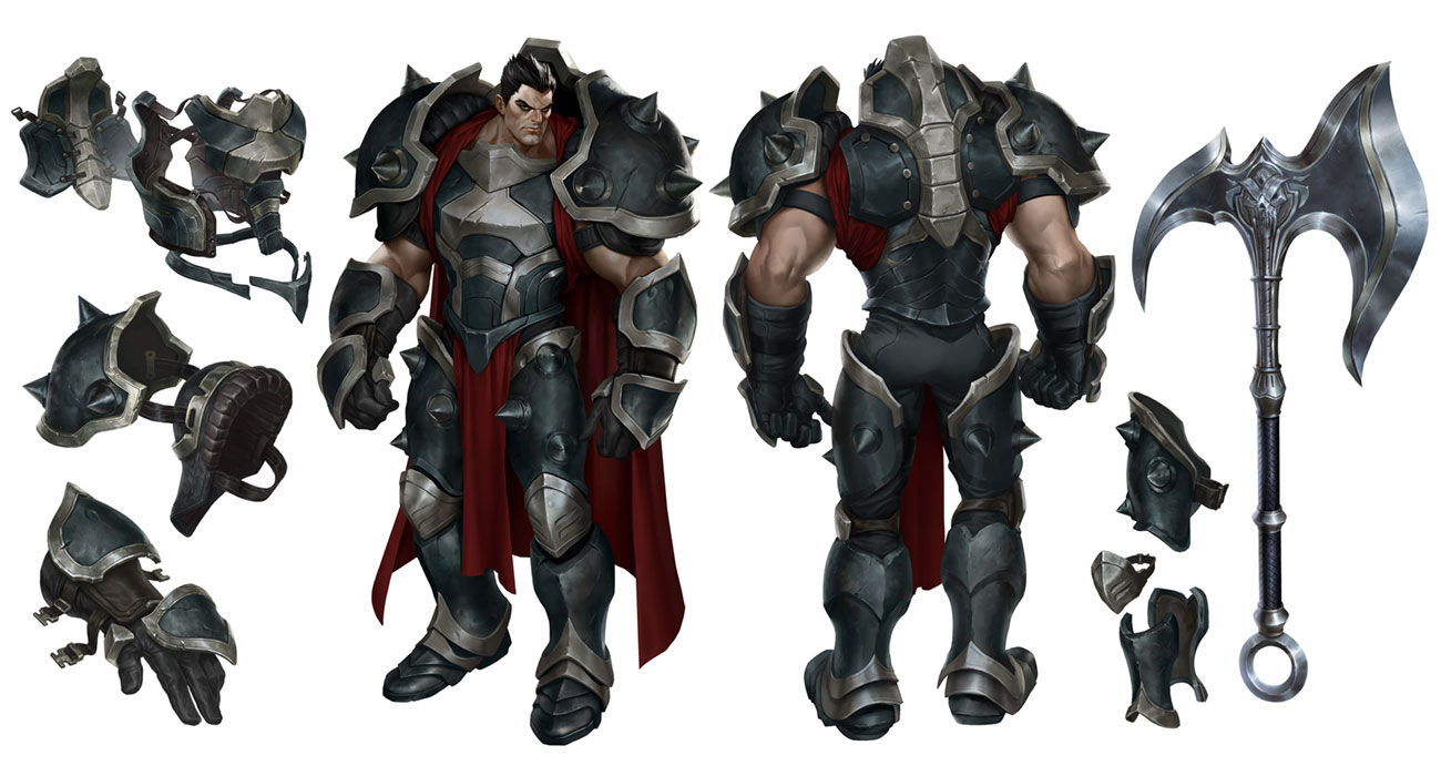 this image is a character sheet for darius, a champion from the video game league of legends. it showcases a detailed illustration of his armor and weapon from multiple angles. the front and back views of darius are presented, along with individual components of his armor and his large, doublebladed axe. the art style is dark fantasy, with a focus on realism and detailed textures in the armor and weaponry. the image is likely used for game development purposes or as promotional material.