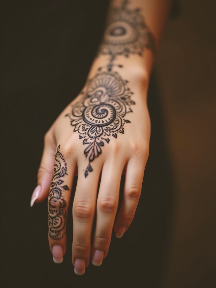 a closeup shot of a hand adorned with intricate henna tattoos. the tattoos feature elaborate designs, including a prominent spiral pattern on the back of the hand, decorative elements along the fingers, and a circular motif extending up the arm. the skin is fair, and the fingernails have a soft, pinkish hue.
