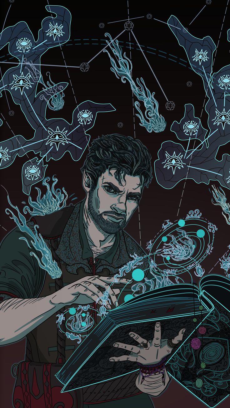 an illustration of a male wizard or sorcerer, concentrating as he casts a spell, holding open a large book, glowing with blue magic and surrounded by swirling patterns and shapes of blue magic.