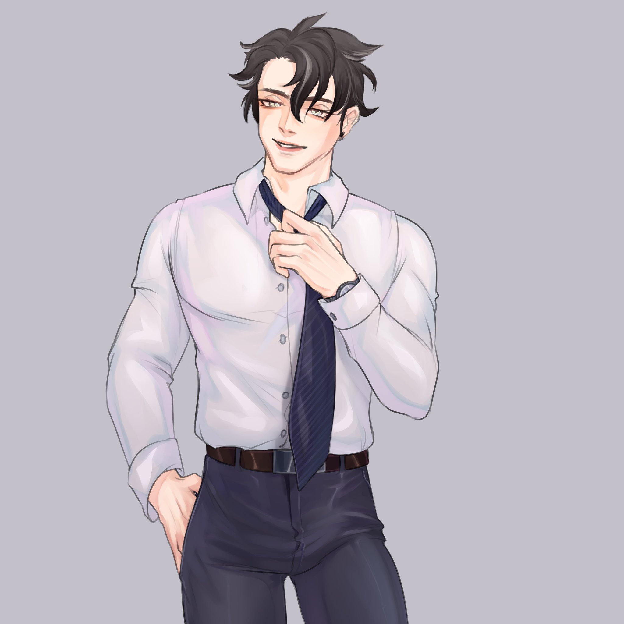 a handsome anime man with black hair is wearing a white shirt and a blue tie. he is smiling and looks confident. he is standing in a casual pose with his hand on his hip. the background is a light grey color. the image is drawn in a digital style with soft colors and lines.