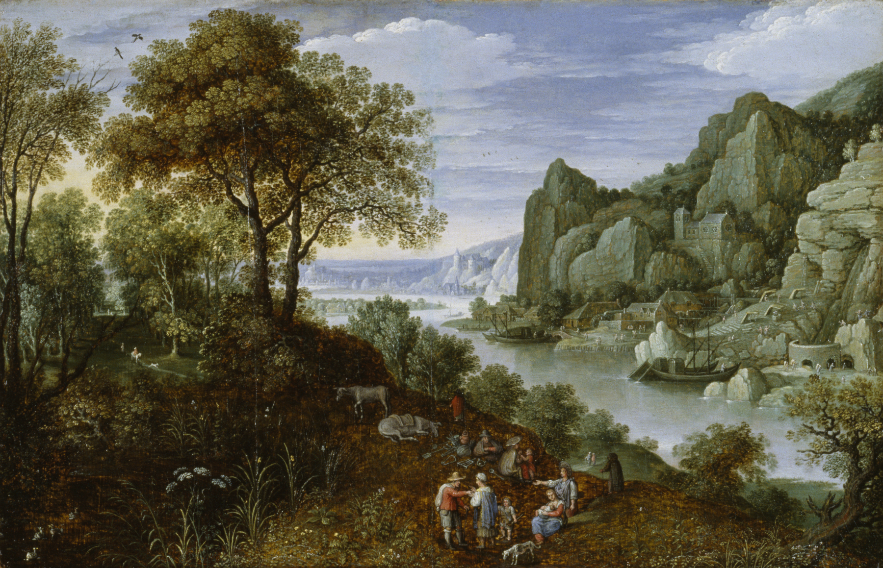 the painting depicts a vast landscape with a river flowing through it, surrounded by mountains, trees, and hills. a village is nestled along the riverbank, with boats docked near the shore. a group of people, including families and individuals, are resting on a hillside in the foreground, some interacting with each other. horses graze nearby, adding to the pastoral scene. in the distance, a city is visible, adding depth to the composition. the sky is filled with clouds and birds, contributing to the overall sense of nature and tranquility.