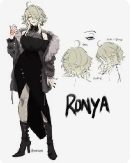 a black and white illustration of an anime character, "ronya", with her hair in a ponytail. she is wearing a black dress and jacket and has a cold expression. she is standing in front of a white background with notes on the side about her design. her hair is white, her eyes are black. she looks like she has a sad, yet somewhat angry, expression on her face.
