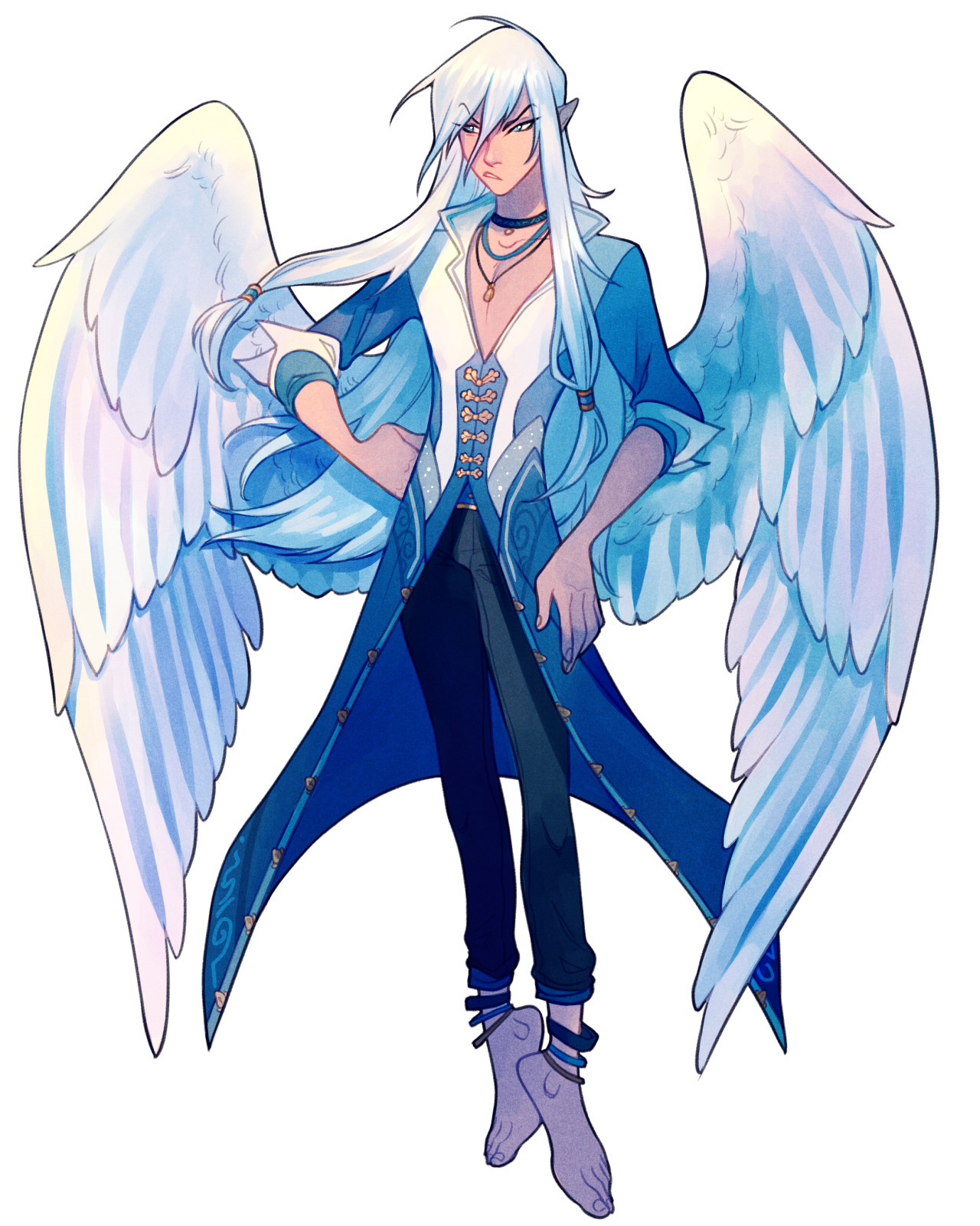 the image showcases a fullbody illustration of a male angel. he has flowing white hair, piercing eyes, and feathered white wings. he is dressed in an elaborate blue and white outfit. the background is a plain white canvas, making the character the central focus.