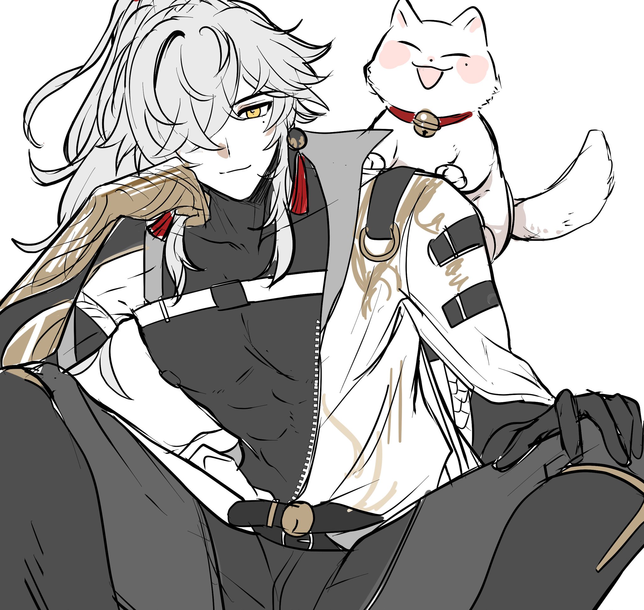 this is a digital drawing of an anime character with white hair and red eyes, wearing a white jacket with black pants, black gloves and red earrings. the character is sitting on a white cat, smiling with his arms crossed. the cat is white and has a red collar with a bell. the background is white.