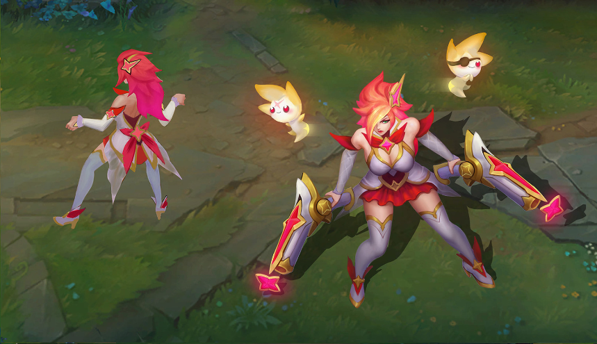 a digital illustration of jinx from league of legends as a star guardian. she has pink hair, blue eyes, and is wearing a white and red dress. she is holding a pink and white sword and is surrounded by small, yellow, magical creatures. she is standing on a grassy path.