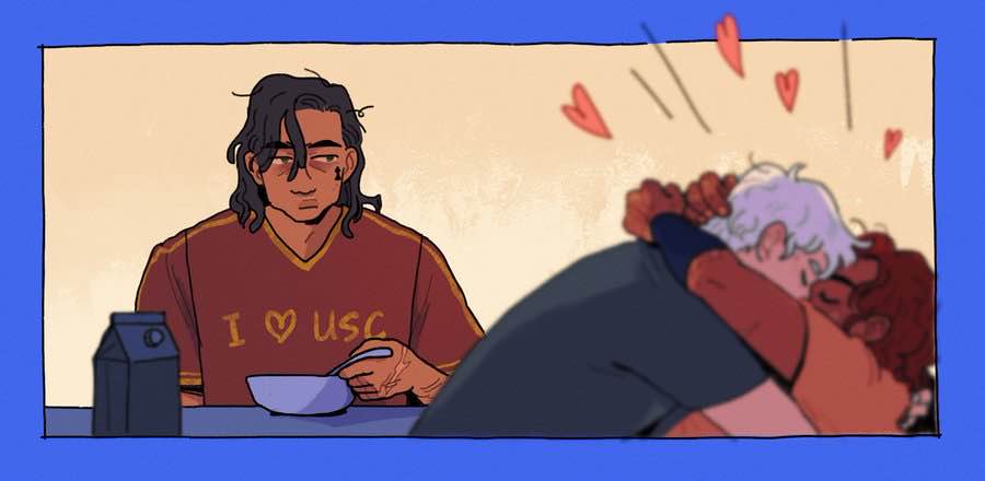 the image shows a man sitting at a table eating cereal from a bowl. he's wearing a tshirt that says "i ♥ usc". behind him, two figures are embracing each other affectionately, their faces hidden from view. the scene seems to capture a moment of unrequited love, with the man in the foreground oblivious to the affection displayed behind him. the warm color palette and the use of perspective contribute to the overall feeling of longing and unspoken emotions.