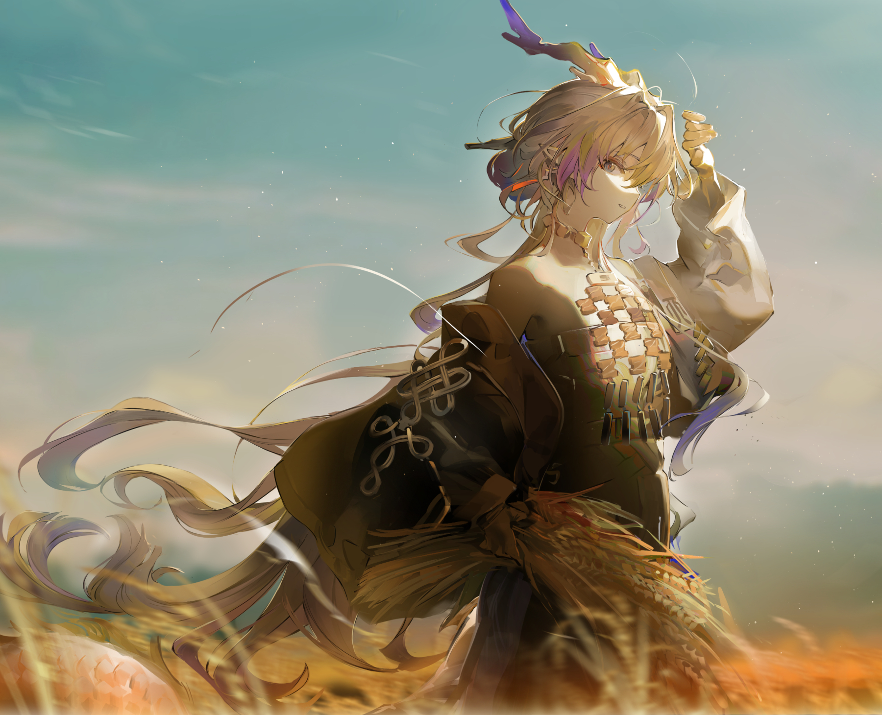 the image depicts a single anime girl standing in a field of tall, golden grass. the sun, positioned behind her and to the left, casts a warm, ethereal glow on the scene, highlighting her long, flowing hair and the intricate details of her attire. her clothing, a mixture of black, white, and gold, echoes the colors of the wheat and sky around her. she has long, pointed ears and two horns that curve gently backward, suggesting a fantastical element to her character. her expression is serene as she gazes into the distance, one hand raised to shield her eyes from the sun. the overall atmosphere is one of peace and tranquility, capturing a moment of quiet beauty.