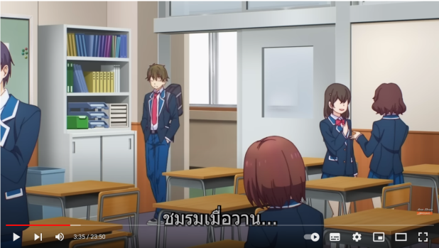 a screenshot of an anime featuring a classroom scene. five students are present. one boy with brown hair stands alone by a bookshelf. two girls in blue and white uniforms are talking. the focus is on a girl with brown hair sitting at her desk, her expression suggesting surprise or concern. the classroom is brightly lit, with sunlight streaming through the window.