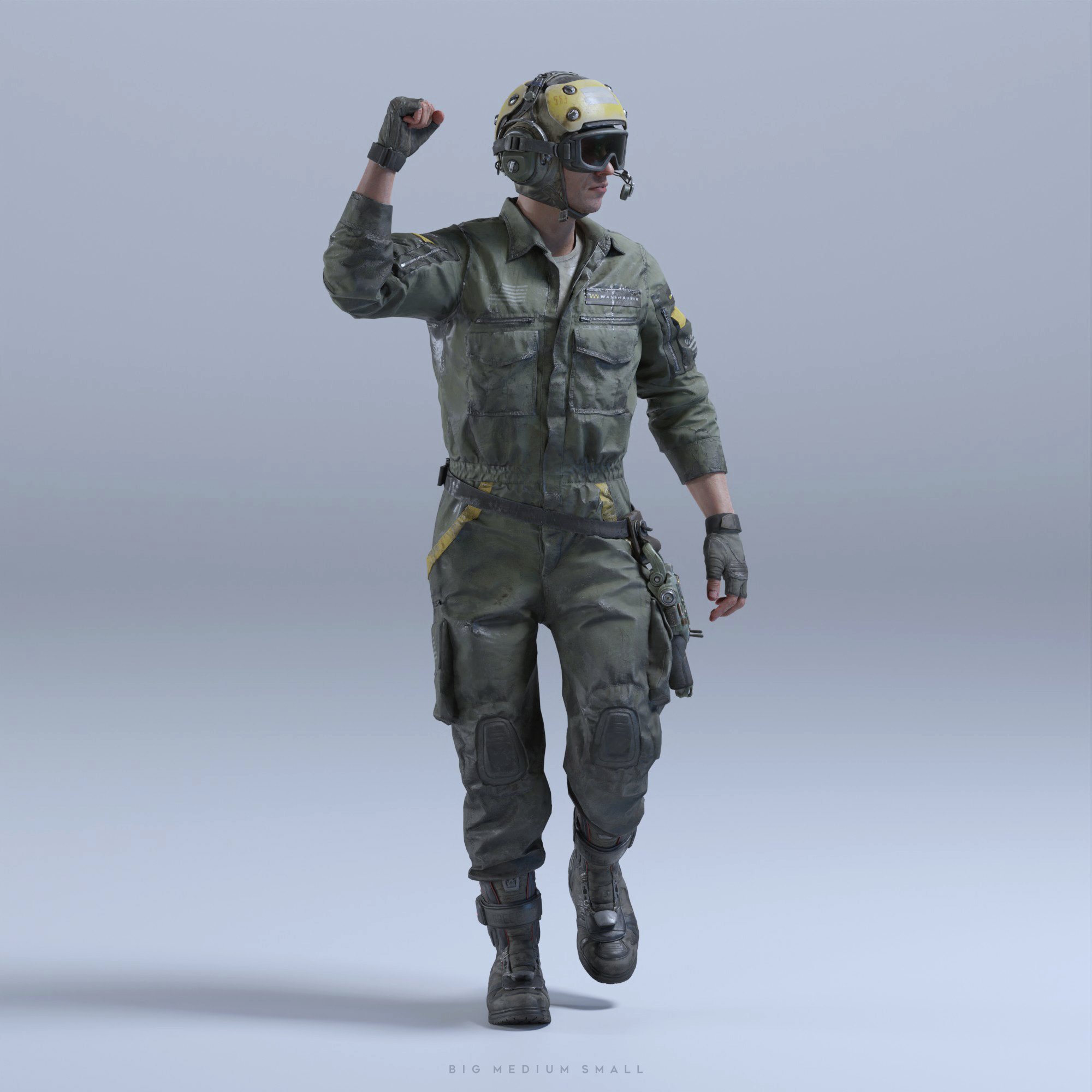 a 3d render of a futuristic soldier in a worn olivegreen combat suit and helmet. the soldier is walking and has raised one fist in a gesture of victory or success. the background is a simple grey. the image is highquality, showing detailed textures and a realistic rendering of the soldier's clothing and equipment. the overall aesthetic is dynamic and powerful.