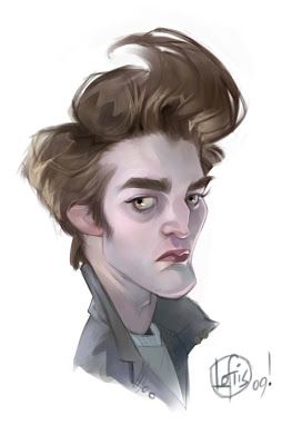 caricature of robert pattinson as edward cullen from twilight. the portrait is stylized with exaggerated features, and the drawing includes detailed hair and facial features.