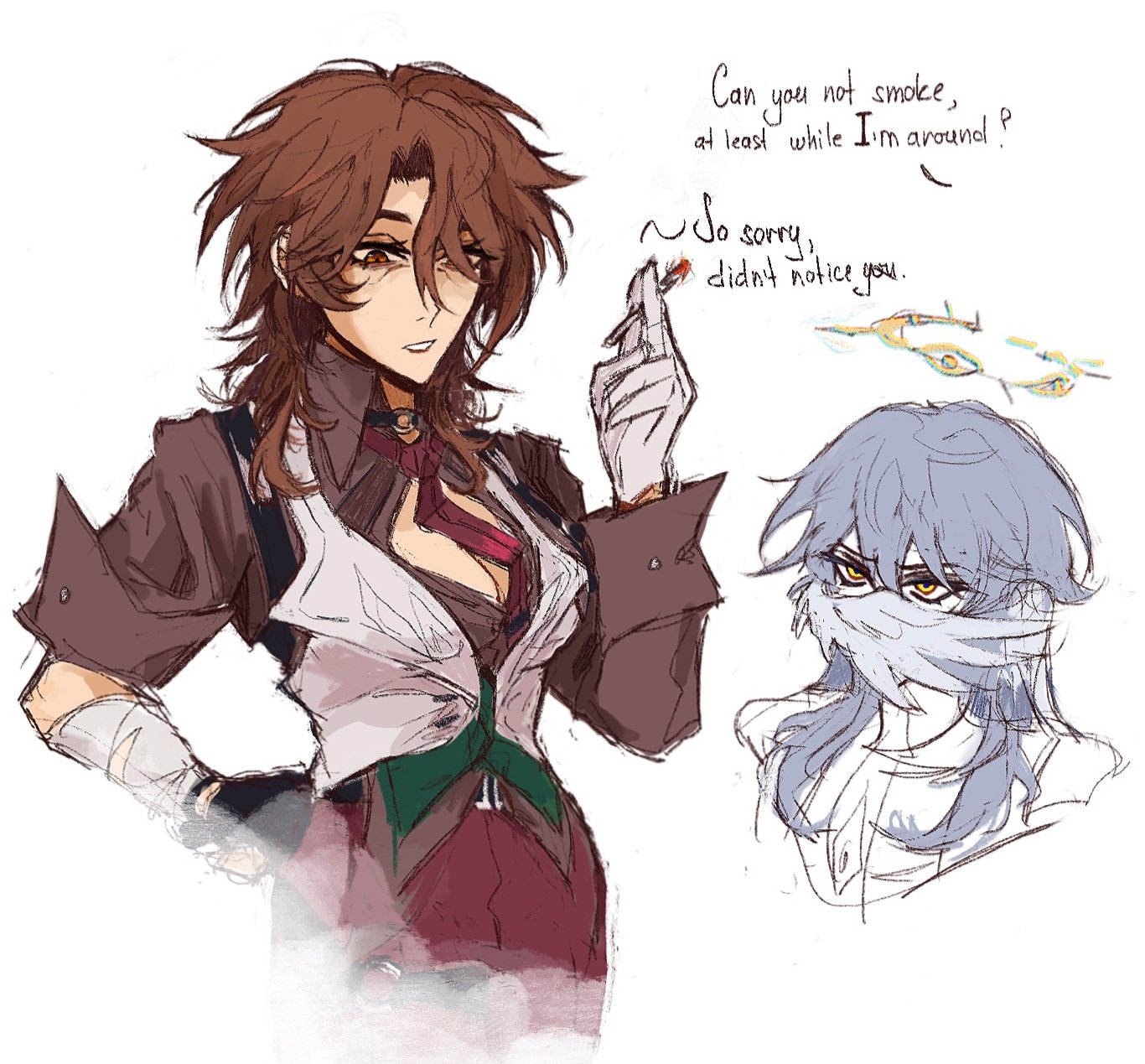 the image is a digital drawing or sketch in an anime style featuring two female characters.  the main character is a woman with long brown hair, wearing a brown jacket over a white waistcoat and dark red pants. she is smoking a cigarette and is slightly smirking.  the second character, a woman with long, light purple hair, is partially obscured and wearing a mask or face covering.  a speech bubble shows dialogue between them, suggesting a casual interaction where the second character is politely asking the first to not smoke while they are present. the overall style is informal and sketchy, lacking sharp lines or intense detail, with a focus on capturing character and mood.