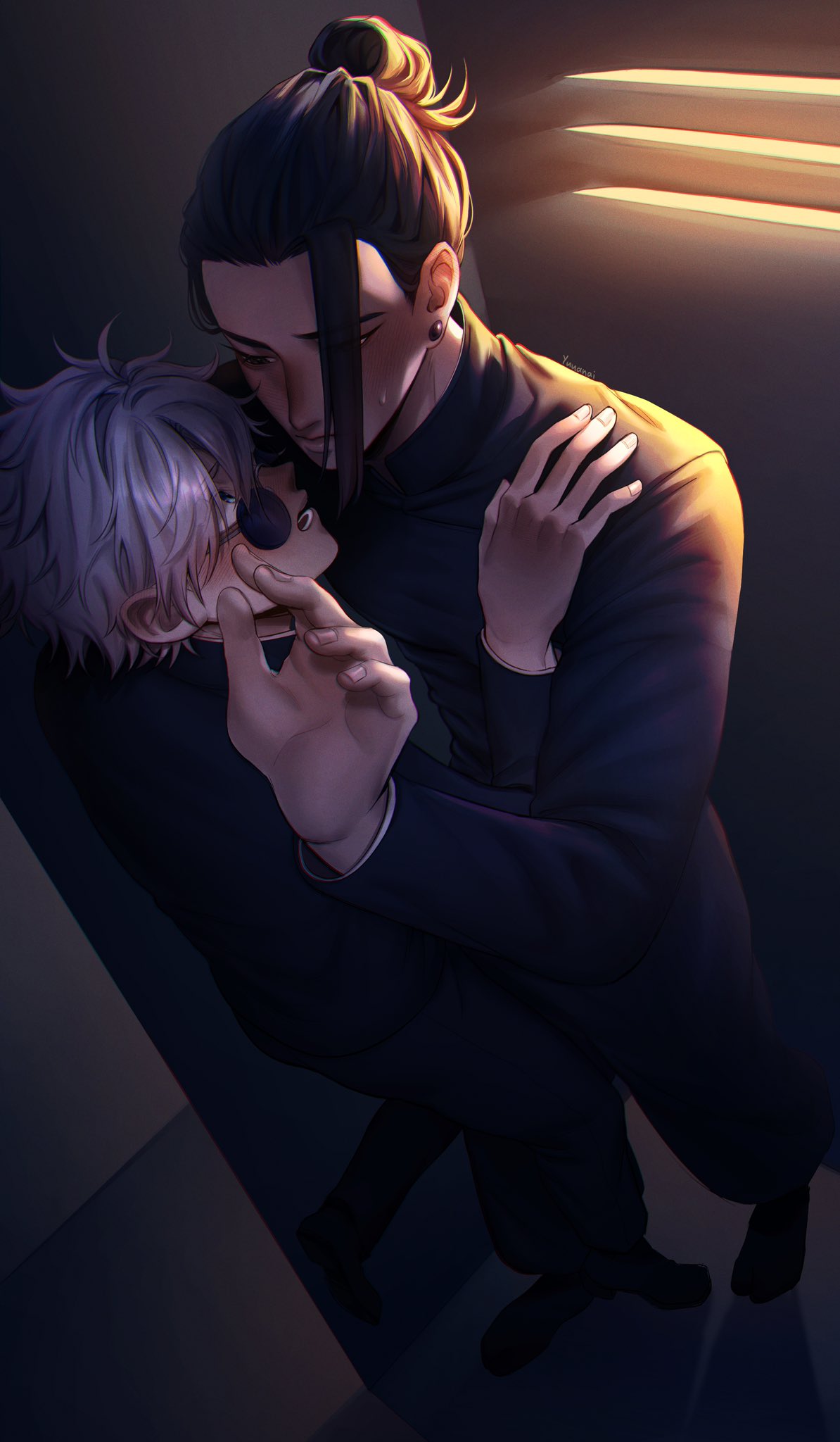 this image is a dark, shadowy illustration of a male couple. the male with black hair is holding the male with white hair. the male with white hair is leaning into the male with black hair and they are both looking at the camera. the scene is romantic and suggests a deep connection between the two.  they are in a dark, shadowy room, which adds to the mystery and intrigue of the image.