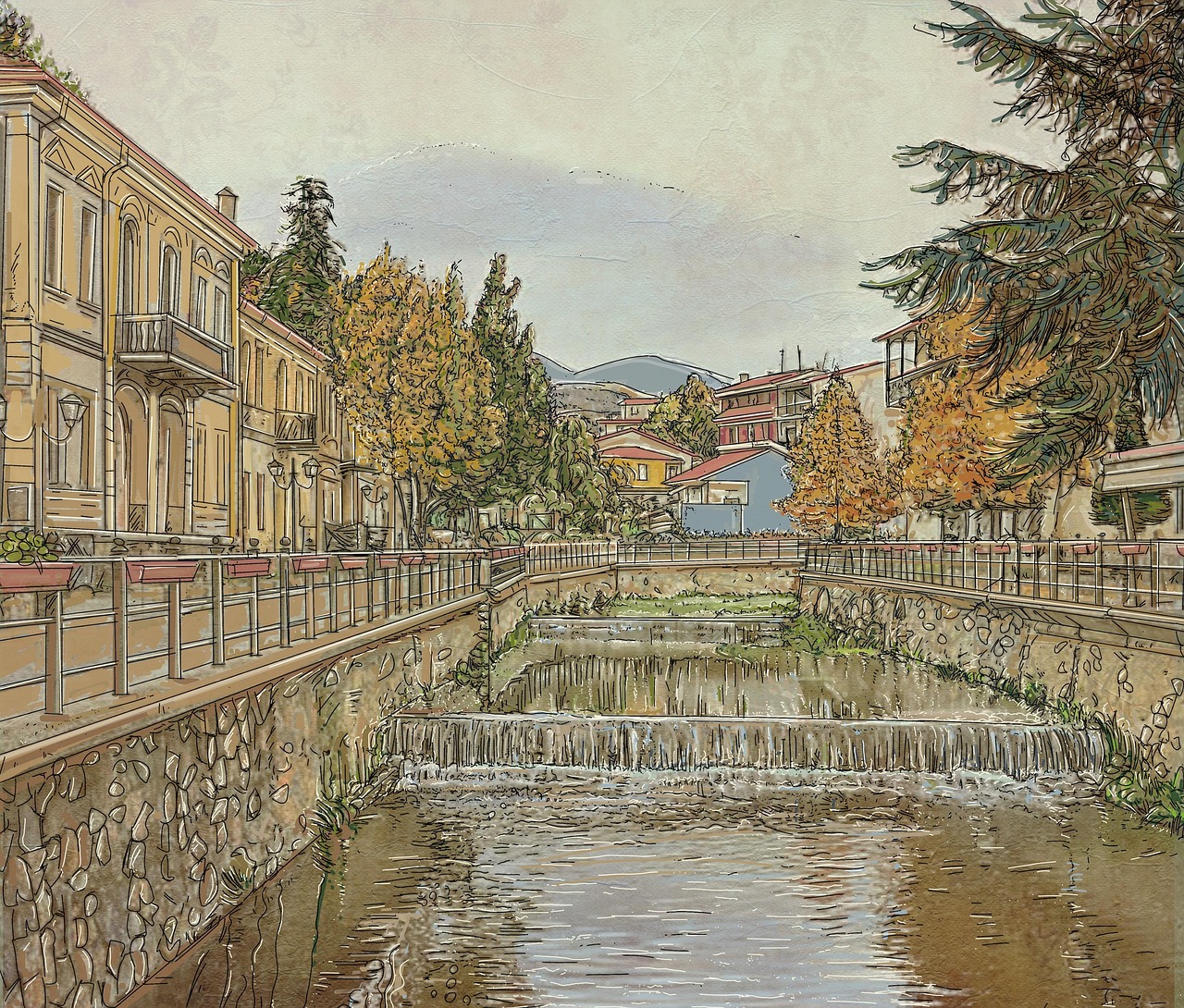 a painting depicts a canal running through a town. buildings line the left side of the canal, with trees in autumn colors visible along the banks. the canal features small waterfalls. there is a bridge crossing the canal in the distance and mountains are visible in the background under an overcast sky. the scene is a mix of urban architecture and natural elements.