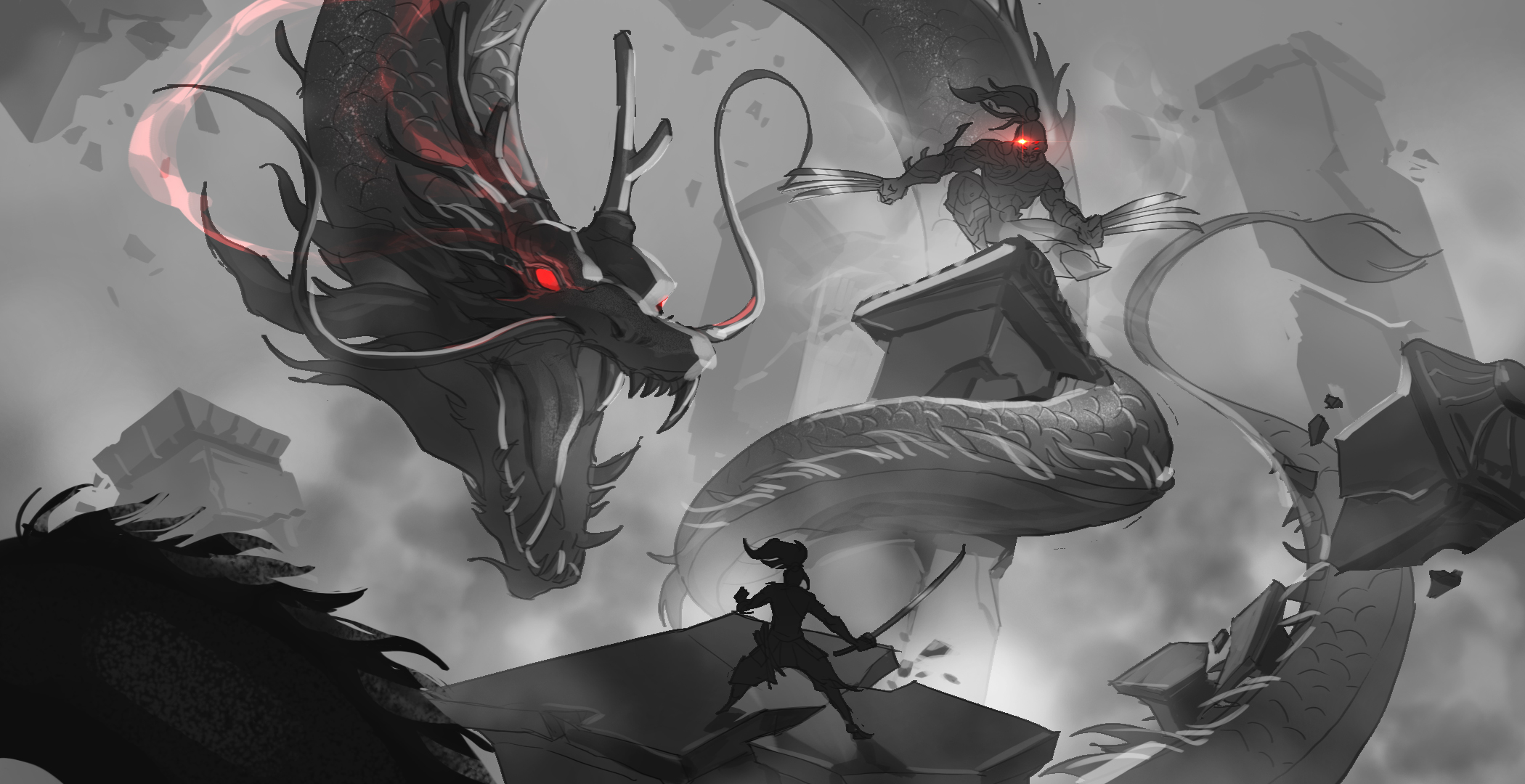 a warrior, wielding a sword, stands on a crumbling pillar amidst a fierce battle with a colossal, imposing dragon. the dragon's scales are visible as it wraps around the pillar, its open maw and glowing red eyes adding to the intensity of the fight. the image is rendered in a dramatic grayscale style, emphasizing the raw power of the scene.