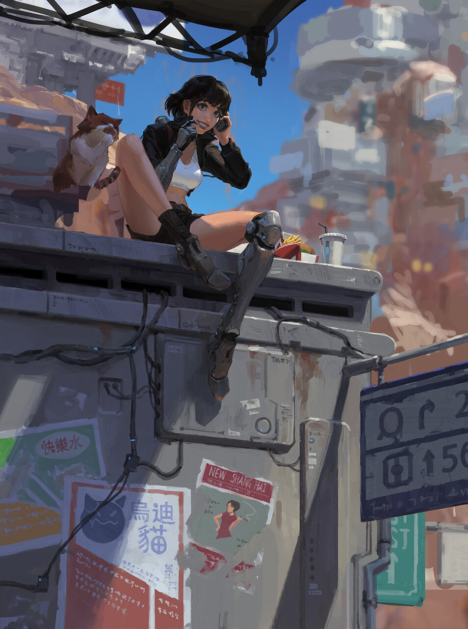 the image is a digital painting in a cyberpunk style. it depicts a young woman with a prosthetic leg sitting on a rooftop in a densely packed, futuristic cityscape.  she's wearing a dark jacket, a white top, and shorts. she appears to be on a phone call while enjoying fast food. a cat sits beside her. the building is heavily textured and shows signs of wear and tear, with various posters in chinese and english affixed to its walls. the background is filled with towering structures that display a blend of advanced technology and urban decay, contributing to the overall cyberpunk atmosphere.  the overall color palette is muted, with some brighter pops of color from the fast food and posters. the style blends elements of anime and manga with a realistic rendering.