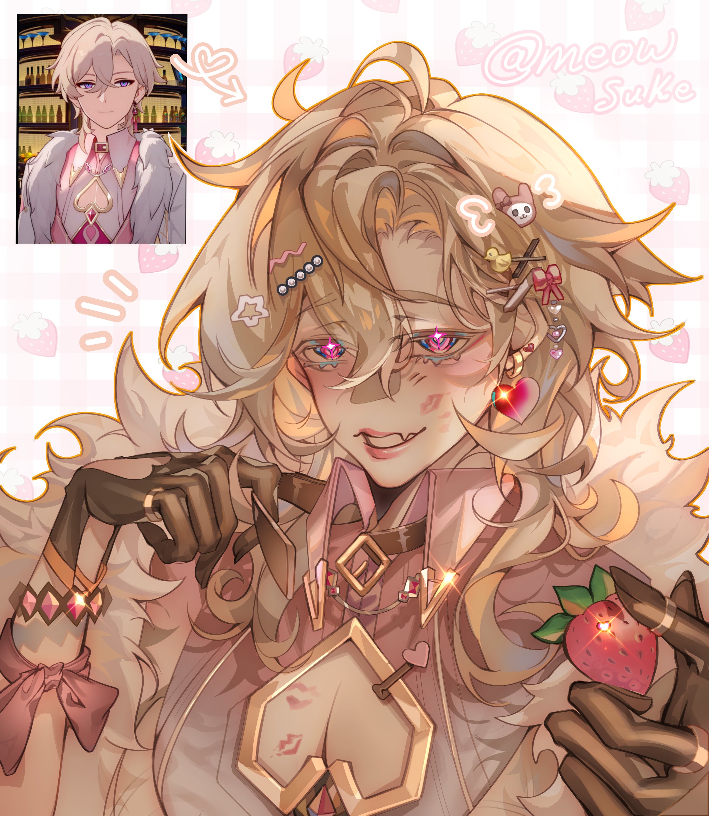 the illustration features a cute anime girl with long blonde hair and pink eyes. she's wearing a pink dress with a white collar and a black belt. she's got cute accessories like hearts, stars, and a strawberry on her hair. she's smiling and holding a strawberry in her hand. she is surrounded by pink hearts and flowers and there is a smaller picture of a young man in the corner of the image.