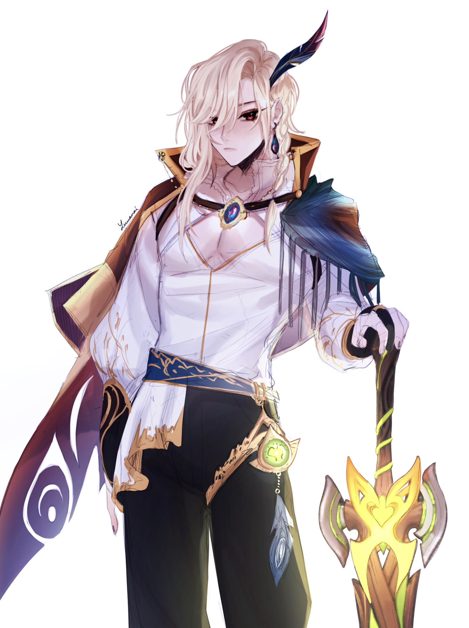 this is a digital illustration of an anime male character. he has long blond hair and is wearing a white shirt, a blue and gold sash, and a long, flowing cape. he is holding a staff with a green and yellow blade. he is standing in a heroic pose. the illustration is done in a fantasy style.