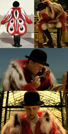 the image is a collage of four photos, all featuring people wearing various types of fur coats and hats. in the top left photo, a woman stands wearing a red and white fur coat that is shaped like a butterfly. the top right photo shows a man sitting in a chair outdoors wearing a red and white fur coat. the bottom left image is of a man wearing a white fur coat and a black hat. the bottom right image shows a man wearing a red and white fur coat and a black hat.