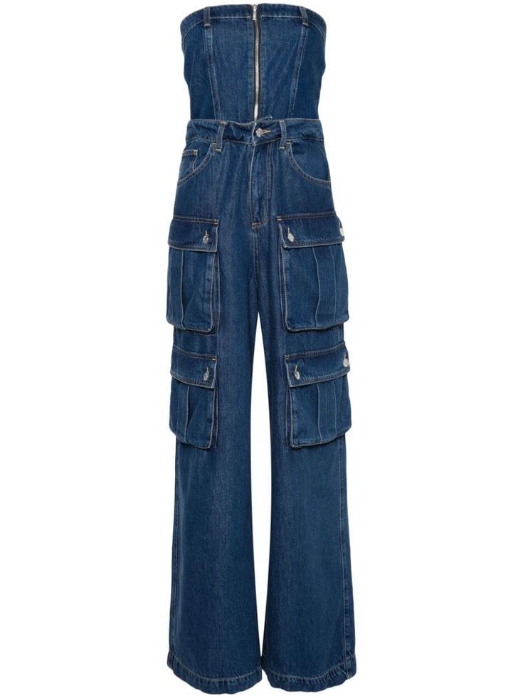a blue denim jumpsuit with a strapless bodice and wide legs. the jumpsuit features cargo pockets on the legs and a zipper closure at the front.