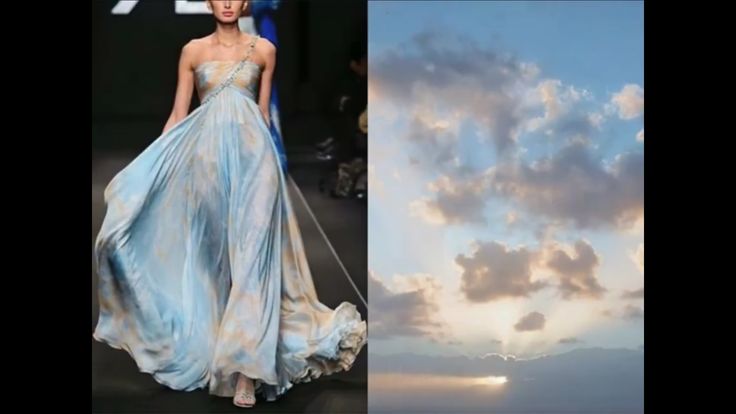 a woman in a beautiful blue gown walks down a runway with a sky and clouds background.  the dress is flowing and elegant with a subtle design.  the model is stylish and chic. the photo is high fashion and captures a moment of beauty and glamour.
