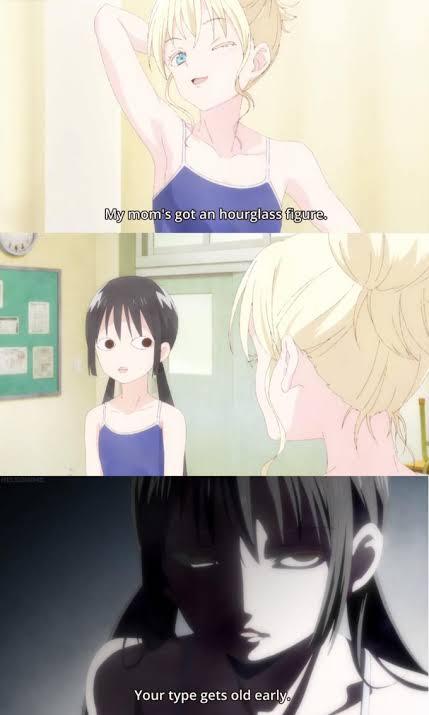the image is from an anime. it shows three girls. the first panel shows two girls in swimsuits, the one in the foreground says, "my mom's got an hourglass figure," and the one in the background has her hair tied up and looks very upset. the second panel shows a girl with dark hair who looks upset and has a speech bubble that says, "your type gets old early."