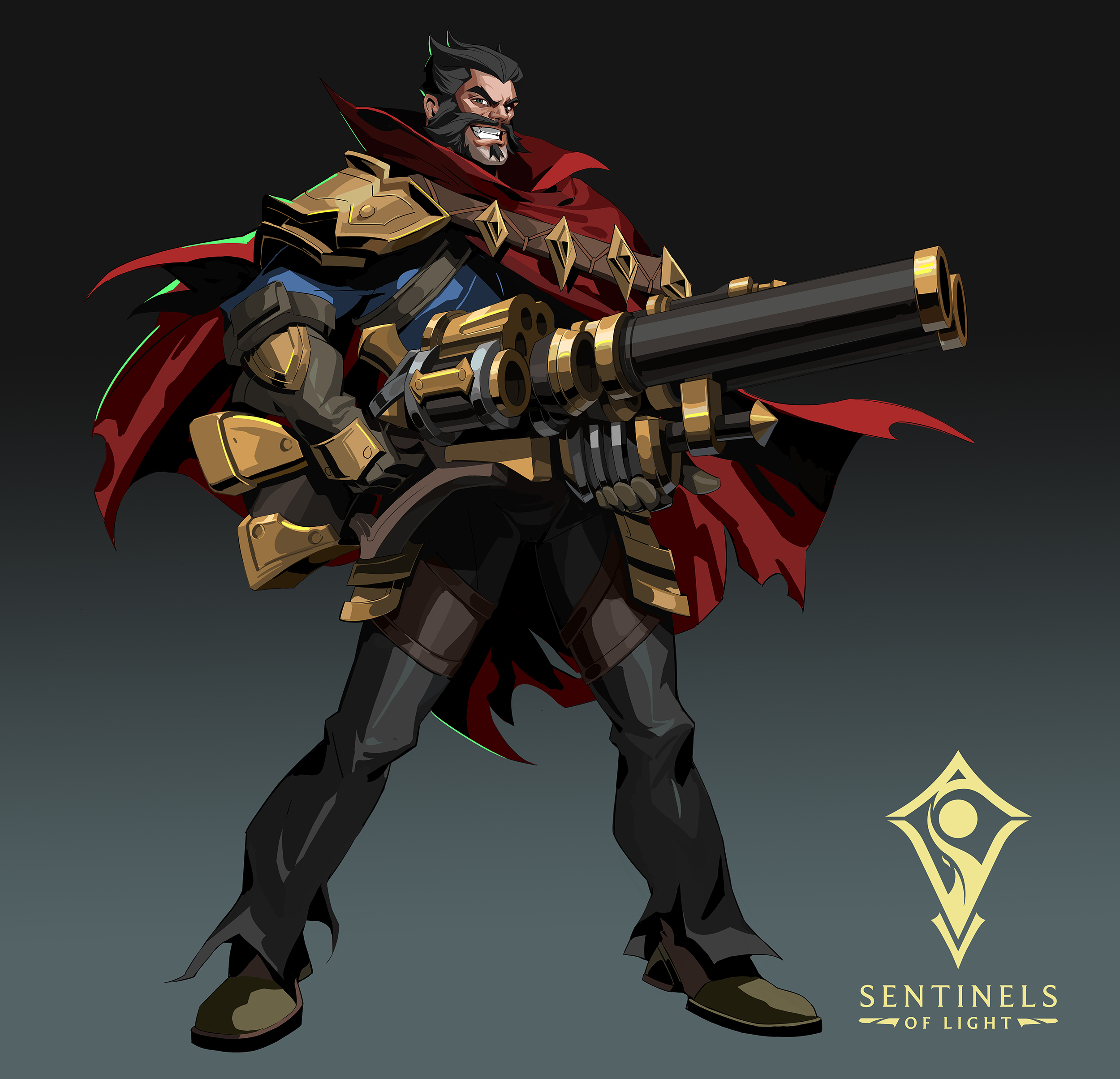 the image is a stylized digital illustration of lucian, a champion from the game league of legends, as he appears in the sentinels of light event. he is depicted in a dynamic pose, holding a large, intricately designed steampunkstyle rifle. lucian is wearing a dark outfit accented with gold, a red cape, and  leatherlike pants. his expression is serious and determined. the background is a muted grey, and the sentinels of light logo is subtly placed in the bottom right corner. the overall style is sharp and detailed, combining elements of fantasy and steampunk aesthetics.