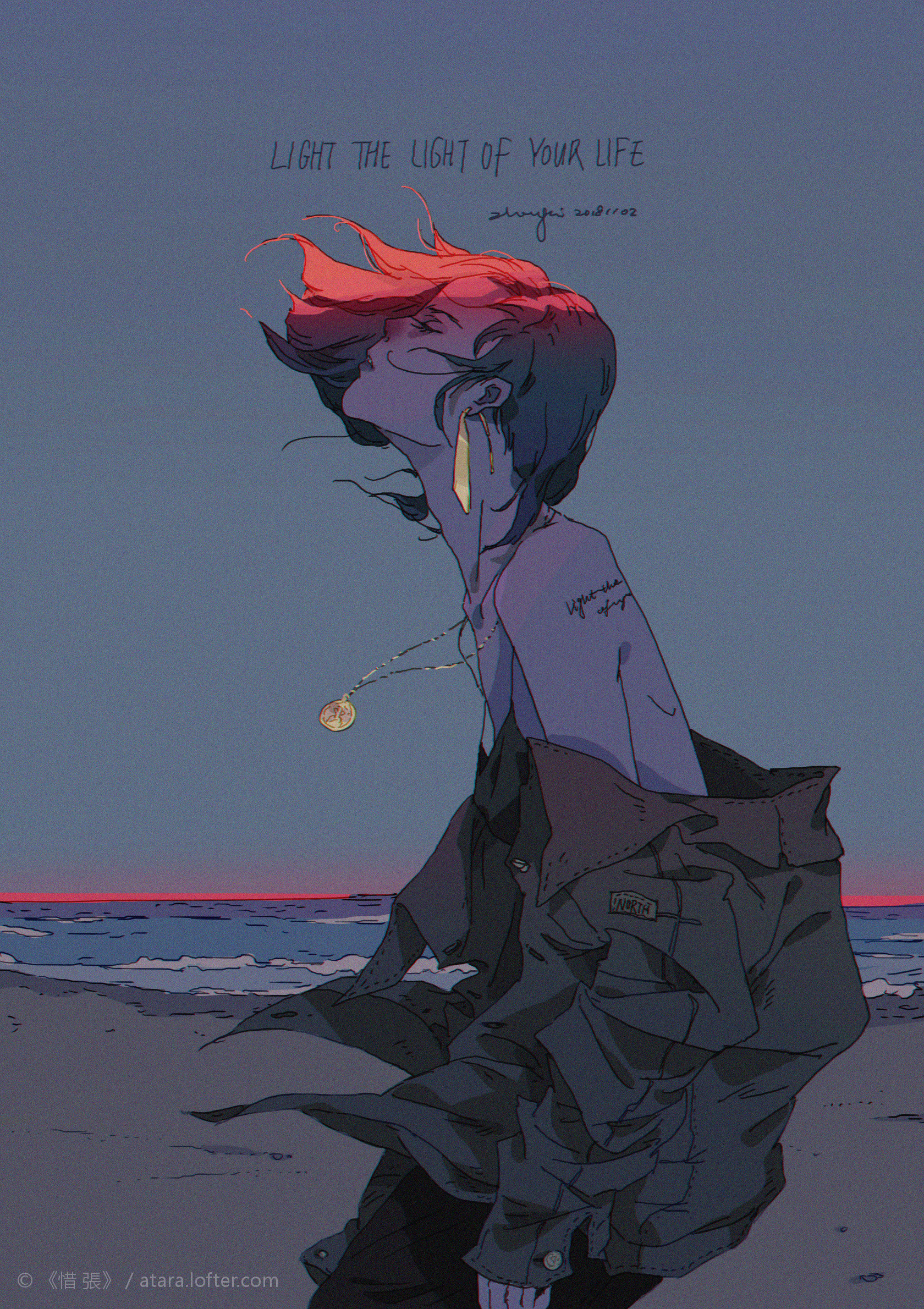 the image is a digital illustration of a young woman with red hair standing on a beach at sunset. her hair is blowing in the wind and she is looking out at the ocean. she is wearing a dark jacket and a necklace with a charm. she has a sad expression on her face, and the image overall has a melancholic mood. the background is a dark blue sky with a hint of red from the sunset.  the woman's figure is silhouetted against the ocean and sky, making it look like she is floating in the air. there are several small white waves at the beach, but the ocean looks dark and mysterious.