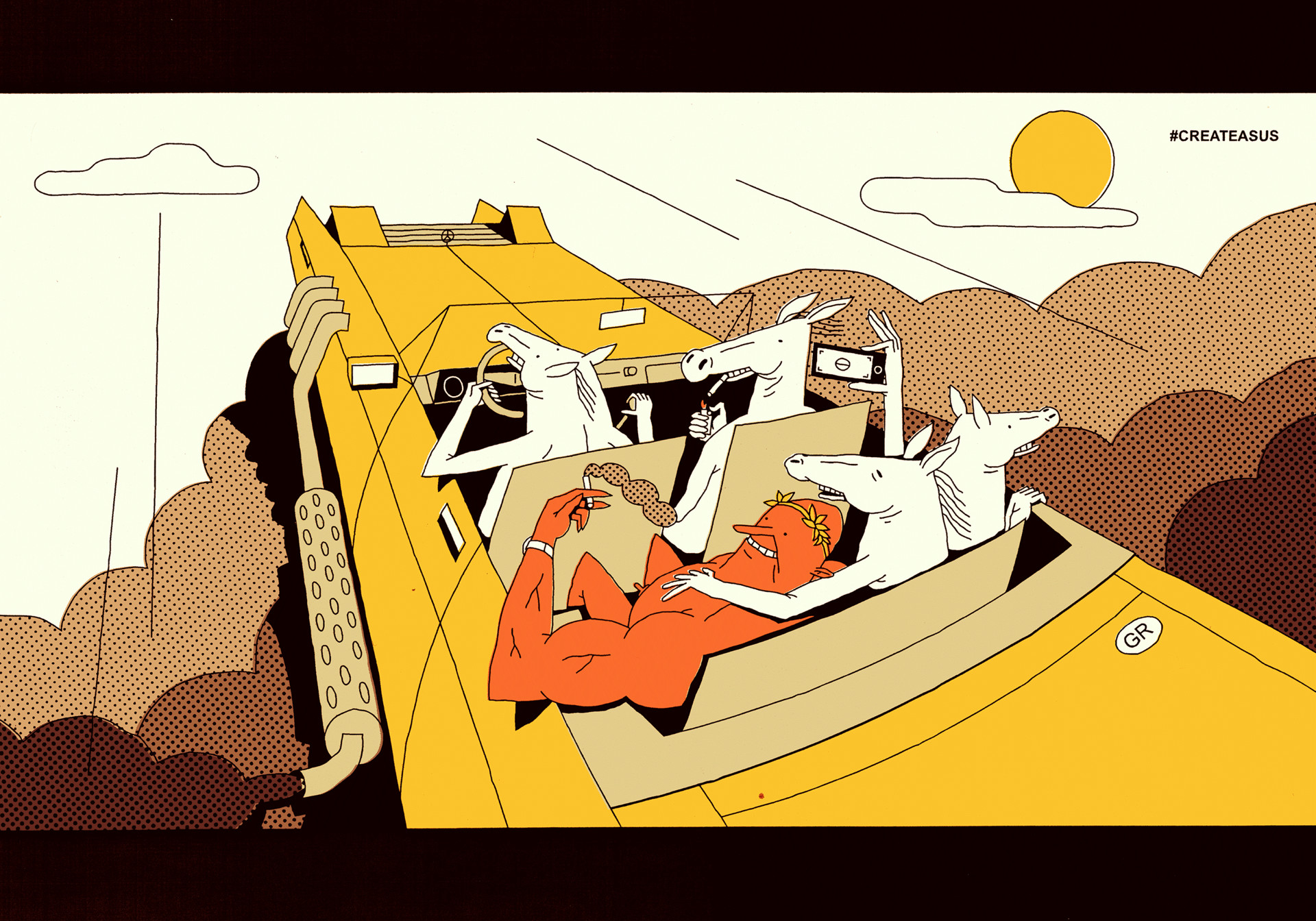 a cartoon image of a man and three horses inside a yellow car. the man is in the back seat, holding a cigarette and smiling. the horses are in the front seats. one is driving, and one is looking at a phone. the car is moving forward on a road. the background is a desert landscape with mountains and hills. the sun is shining in the sky. the art style is funny and bold.  the words "#createasus" are printed in the upper right corner.