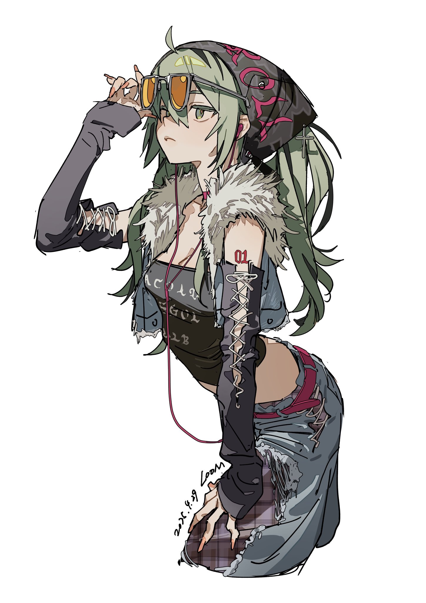 illustration of a female anime character with long, khaki colored hair, wearing sunglasses, a bandana, and headphones around her neck. she is also wearing ripped jeans, fingerless gloves and a top with fur collar and ripped sleeves and it is side laced. she is wearing a short skirt over the jeans and on her left arm she has a tattoo that says "01" written in black. she is kneeling to her right, bending forward slightly. the signature "20xx.4.29 loom" is written in the bottom left.
