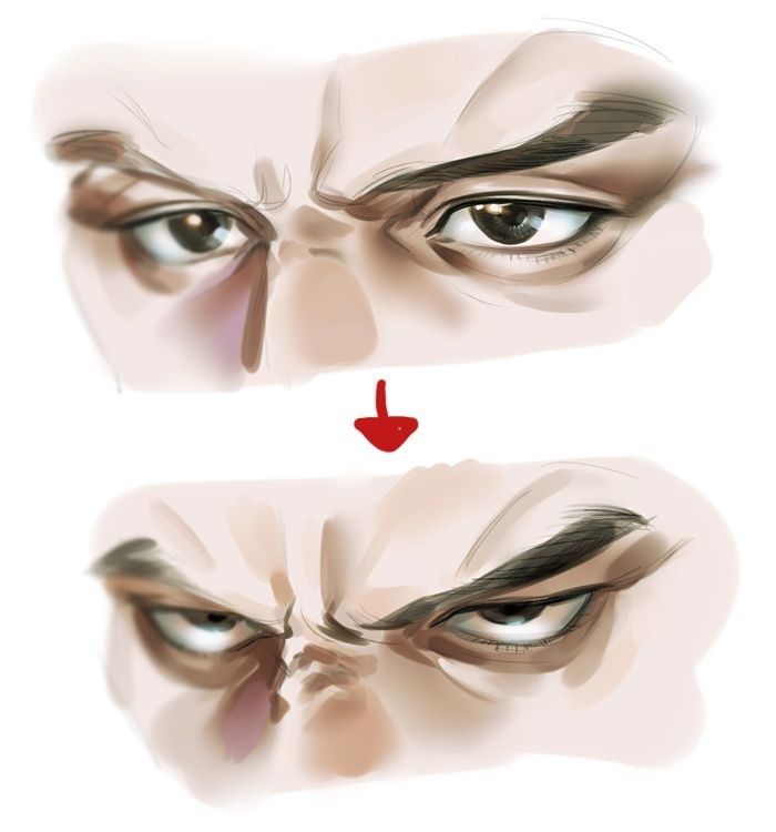 the image is a drawing tutorial demonstrating how to draw angry eyes.  it shows two closeup views of a man's eyes and eyebrows in a style reminiscent of anime or manga. the top image shows the eyes with the eyebrows slightly less furrowed, while the bottom image depicts a more intense, angry expression with more heavily furrowed brows and narrowed eyes.  a red arrow indicates the change between the two expressions, highlighting the shift in the muscle structure and resulting visual change. the overall style is realistic but stylized, focusing on the details of the facial muscles and the way they create different expressions. the drawing shows good use of light and shadow to create depth and dimension.