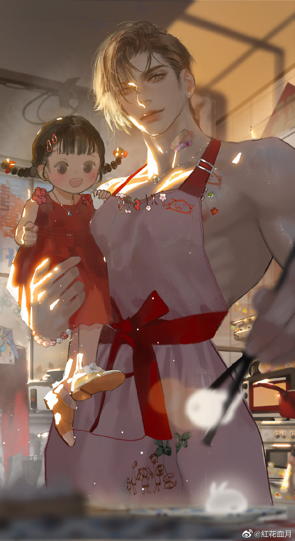this image shows a man and a little girl wearing aprons. they are in the kitchen, and it looks like they are cooking something. the man is holding the girl in his arms. they both have big smiles, and it seems like they are having a happy time together. the scene is colorful and full of life, which makes it even more enjoyable to look at.
